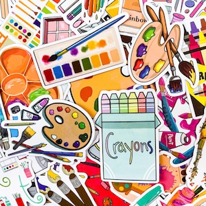 May include: A collection of colorful art-themed stickers. The stickers feature paint palettes, paintbrushes, watercolor sets, and a box of crayons with the word "Crayons" written on it. The stickers are in various shapes and sizes.