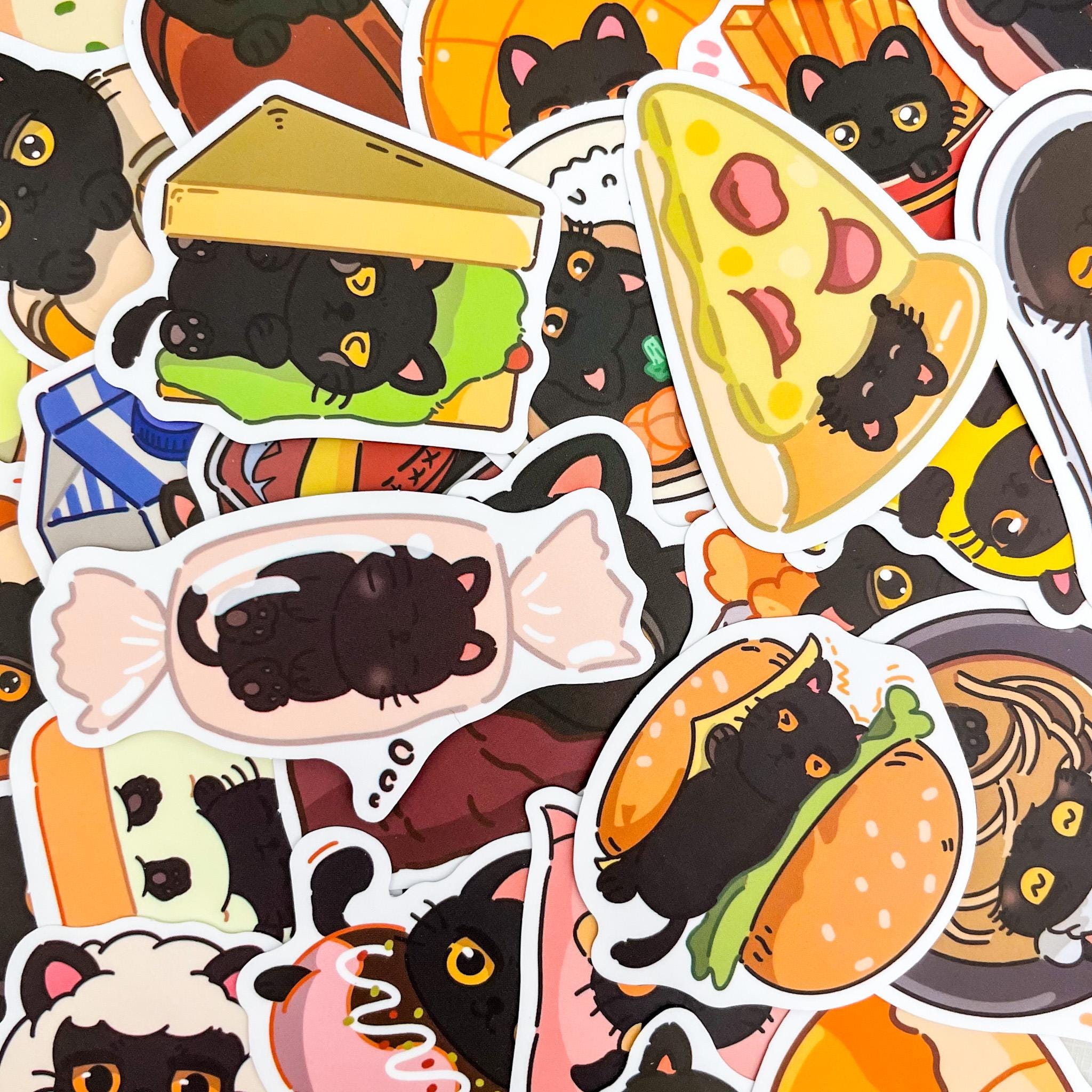 50PCS Cute Chibi Black Cat Stickers, Kawaii Kitten Food Stickers ...