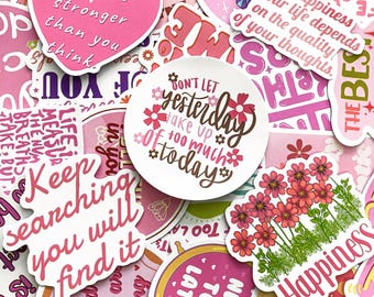 50PCS Pink Inspirational Stickers, Motivational Stickers, Positive Quotes Stickers, Floral & Heart Stickers for Guitar, Luggage, Kindle