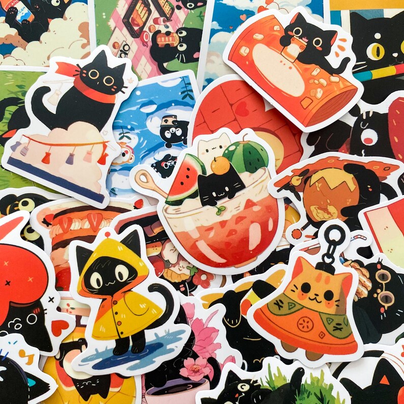 May include: A collection of colorful cat stickers. The stickers feature black cats in various poses, including wearing a raincoat, enjoying a drink, and relaxing in a dessert. Other stickers include food and decorative elements.