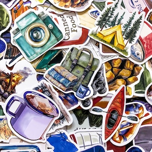 May include: A collection of colorful stickers featuring camping and outdoor adventure themes. Includes a teal camera, a green backpack, a yellow tent, a red kayak, a purple mug, and a can of food.