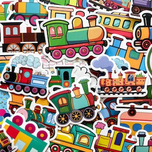 May include: A collection of colorful train stickers in various designs. The stickers feature cartoon-style locomotives in shades of green, red, blue, yellow, and orange. Some trains have smoke billowing from their smokestacks, and others have pink wheels.