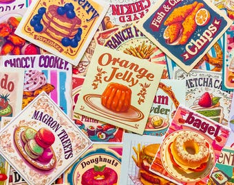 50PCS Food Stickers & Retro Stickers Pack, Vintage Food Stickers Design, Waterproof Stickers for Water Bottle, Dessert Lovers, Journal