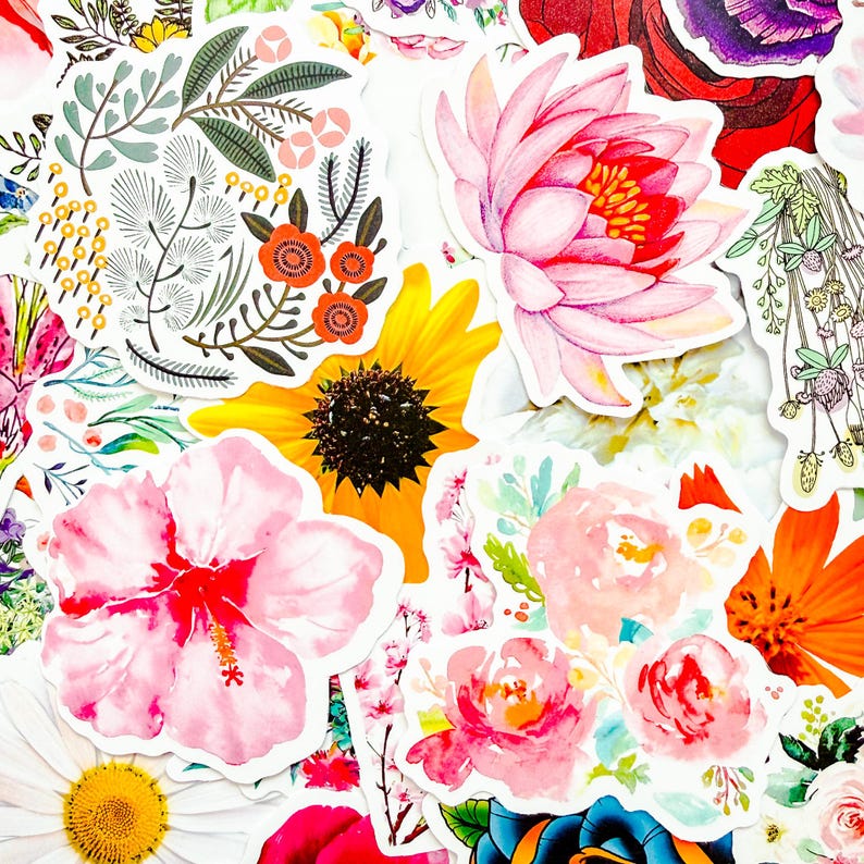 50PCS Watercolor Flower Stickers, Colorful Bouquet Sticker, Gentle ...