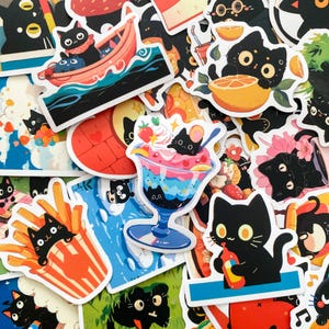 May include: A collection of colorful stickers featuring cartoon black cats in various poses. The stickers depict cats in a boat, with desserts, and holding drinks. The stickers have a white border and are on a white background.