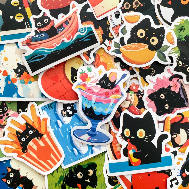May include: A collection of colorful stickers featuring cartoon black cats in various poses. The stickers depict cats in a boat, with desserts, and holding drinks. The stickers have a white border and are on a white background.