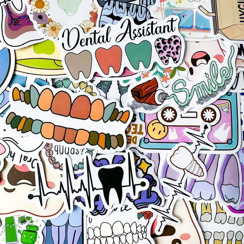 Toothbrush Printable Stickers 50PCS Cute Tooth Stickers, Smiling Dental Stickers, Colorful Cartoon ...
