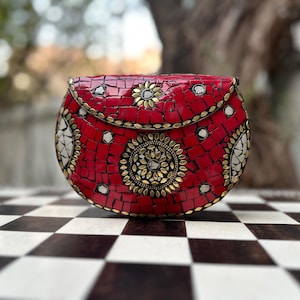 Exquisite Red Mosaic Metal Clutch Bag - Handcrafted Artisan Evening Purse with Brass Accents & Stone Inlay