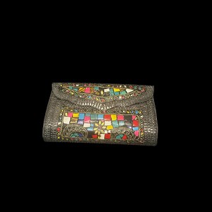 Heirloom Artisan Black Metal Mosaic Clutch - Exquisite Hand-Cut Multi-Color Tile & Filigree Evening Bag - A Wearable Masterpiece