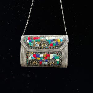 Heirloom Artisan Mosaic Clutch - Exquisite Hand-Cut Multi-Color Tile & Filigree Evening Bag - A Wearable Masterpiece Metal Bags