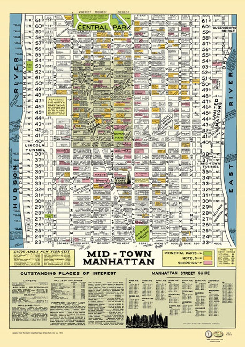 Midtown Manhattan Fresh York 1950 Map Poster Common Retailers Lodges Theaters Parks Periods Sq. Empire Country Bldg Rockefeller Middle Broadway picture about Map of Midtown Manhattan Printable named Midtown Manhattan Fresh York 1950 Map Poster Common Shops Resorts Theaters Parks Situations Sq. Empire Place Bldg Rockefeller Middle Broadway