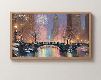 Frame TV Art Digital Download | New York City | Snowy Bridge | Painting | New Year's Eve | 4th of July | Fireworks | Skyline | Wallpaper