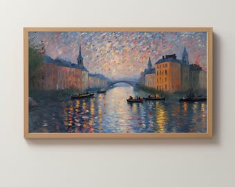 Frame TV Art Digital Download | Night Bridge | Europe | Water | Pastel Painting | Confetti | Wallpaper