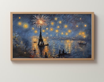 Frame TV Art Digital Download | Fireworks On Water | Night Fireflies | Neutral Painting | New Year's Eve | 4th of July | Wallpaper