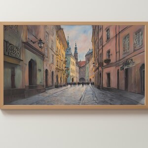 May include: A painting of a narrow street in a European city. The street is lined with tall buildings, some of which have colorful facades. The buildings are painted in shades of yellow, pink, and brown. The street is empty except for a few people walking in the distance. The sky is a pale blue with a few clouds.