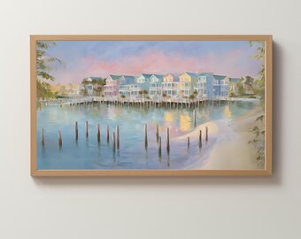 Frame TV Art Digital Download | Pastel Waterfront Beach House Sunset | Seaside | Neighborhood | Wallpaper | Painted Scene