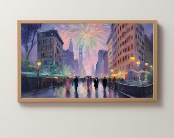 Frame TV Art Digital Download | Raining New York City Street | Pastel Painting | Night Skyline | Fireworks | Wallpaper