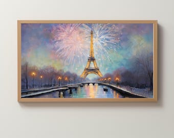 Frame TV Art Digital Download | Eiffel Tower | Paris | France | Pastel Painting | New Year's | 4th of July | Fireworks | Skyline | Wallpaper