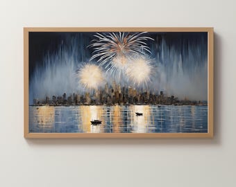 Frame TV Art Digital Download | City Skyline | Neutral Painting | New Year's Eve | 4th of July | Fireworks | Night Water | Wallpaper