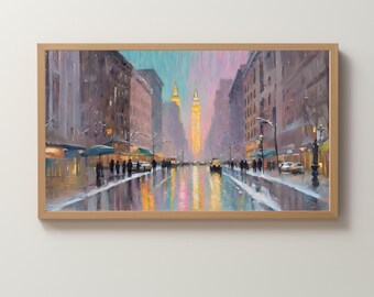 Frame TV Art Digital Download | Snowing New York City Street | Pastel Painting | Night Skyline | Wallpaper
