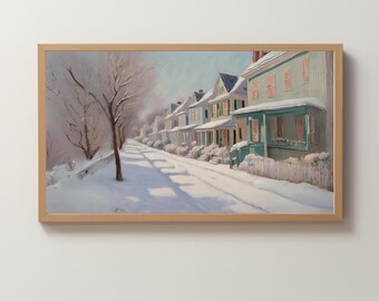 Frame TV Art Digital Download | Snowy Pastel Row of Siding Houses | Seaside | New England | Neighborhood | Wallpaper | Painted Scene
