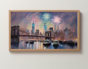Frame TV Art Digital Download | New York City | Brooklyn Bridge | Painting | New Year's Eve | 4th of July | Fireworks | Skyline | Wallpaper