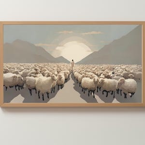 Puede incluir: Una pintura de una persona con ropas blancas caminando hacia una luz brillante en la distancia, seguida de una gran manada de ovejas blancas.