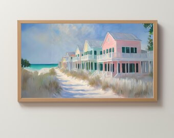 Frame TV Art Digital Download | Pastel Row of Beach Houses | Seaside | Neighborhood | Wallpaper | Painted Scene