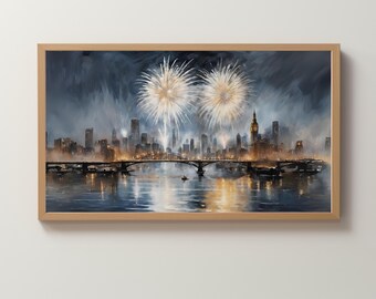 Frame TV Art Digital Download | City Skyline & Bridge | Neutral Painting | New Year's Eve | 4th of July | Fireworks | Night Water