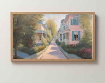 Frame TV Art Digital Download | Pastel Siding Row of Houses | Seaside | New England | Neighborhood | Wallpaper | Painted Scene