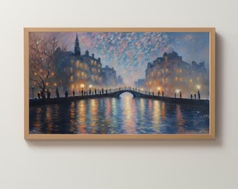 Frame TV Art Digital Download | Night Bridge | Europe | Water | Pastel Painting | New Year's Eve | 4th of July | Fireworks | Wallpaper