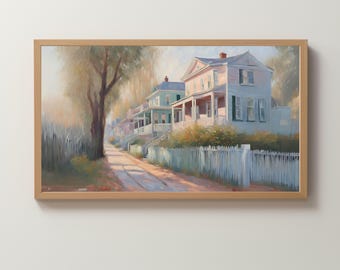 Frame TV Art Digital Download | Pastel Siding Row of Houses With Fence | Seaside | New England | Neighborhood | Wallpaper | Painted Scene
