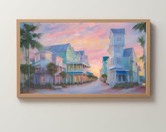 Frame TV Art Digital Download | Pastel Beach House Sunset | Seaside | Neighborhood | Wallpaper | Painted Scene