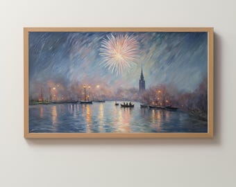 Frame TV Art Digital Download | England | Europe | Water | Pastel Painting | New Year's Eve | 4th of July | Fireworks | Skyline | Wallpaper