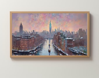Frame TV Art Digital Download | City Skyline | Snowy | Water | Pastel Painting | Wallpaper