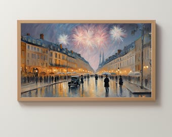 Frame TV Art Digital Download | Raining European Street | Pastel Painting | Europe | Fireworks | Skyline | Wallpaper