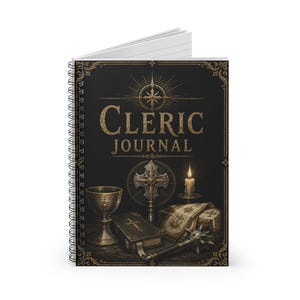 May include: A black spiral-bound journal with gold-colored text reading CLERIC JOURNAL. The cover features a compass rose, a chalice, a cross, a lit candle, a book, and a mace, all framed by an ornate gold border on a dark background.