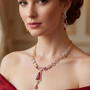 Geometric Triangle CZ Necklace Earring Set | American Diamond Bridal Jewelry