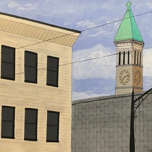 Puede incluir: Una pintura de un edificio beige con seis ventanas y una torre del reloj con un techo verde. La torre del reloj tiene una esfera con números romanos y manecillas negras. La pintura está hecha en un estilo simple y estilizado.