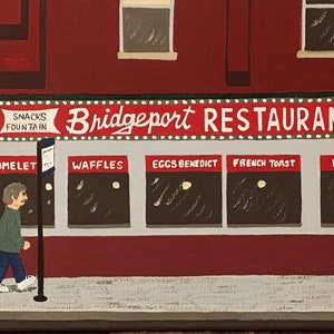 Puede incluir: Una pintura de un edificio de ladrillo rojo con un letrero que dice "Bridgeport Restaurant". El restaurante tiene un menú con artículos como tortillas, gofres, huevos benedictinos, tostadas francesas, panqueques y sartenes. Una persona está parada en la acera frente al restaurante.