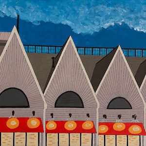 May include: An acrylic painting of a row of buildings with gray gabled roofs and red awnings. The buildings have arched windows and are set against a blue sky with white clouds. A smokestack is visible.