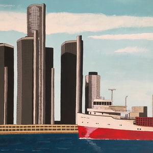 Może przedstawiać: Obraz akrylowy przedstawiający pejzaż miejski ze statkiem na wodzie. Budynki są ciemnoszare, a statek ma czerwony kadłub. Niebo jest jasnoniebieskie z białymi chmurami. Woda jest ciemnoniebieska.