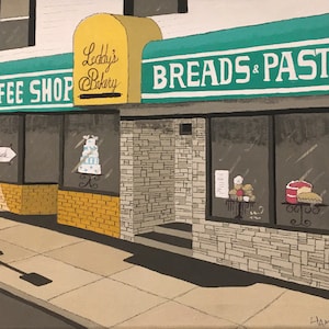 May include: A green and yellow storefront with the words "Leddy's Bakery" and "Coffee Shop" on the awning. The storefront has two windows, one displaying a wedding cake and the other displaying pastries. The sign above the door reads "Breads & Pastries".