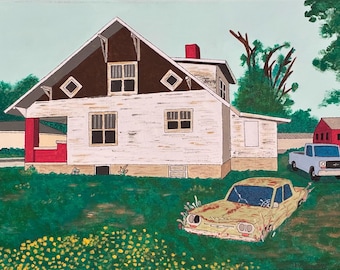 Farmhouse and Decaying Corvair, Indiana (print)