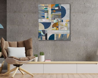 Mid Century Art Time Traveler 2, 27w x30h abstract Wall Quilt Mid Century Modern style, Textile artwork One of a Kind, original contemporary