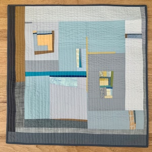 Mid Century Art “Cozy Cabin”, Log Cabin Fiber Art, Mini Abstract Wall Quilt, Mid Century Modern, Quilted wall hanging, One of a Kind