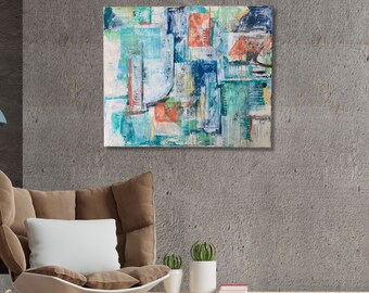 Blocks of Desire Mixed Media 20x24 Acrylic Painting,  abstract playful style on stretched canvas, Modern Art Mid Century design Original