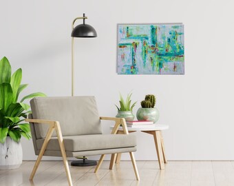 Summer Refection, Mixed Media 24x18 Acrylic Painting,  abstract playful style on stretched canvas, Modern Art Mid Century design Original