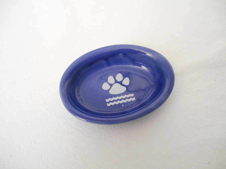 Pet Cat Dog Food Bowl Dish Ceramic Oval Small Paw Print 7 Colors Red