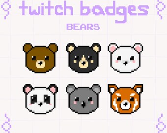 May include: Six pixel art bear badges for Twitch. The badges feature a brown bear, a black bear, a polar bear, a panda bear, a koala bear, and a red panda bear.
